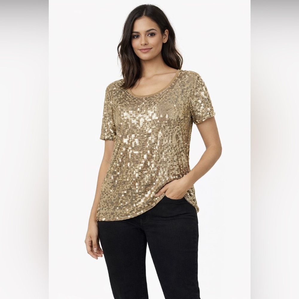 MICHAEL KORS SIZE M Moda Gold Sequin Short Sleeve Top